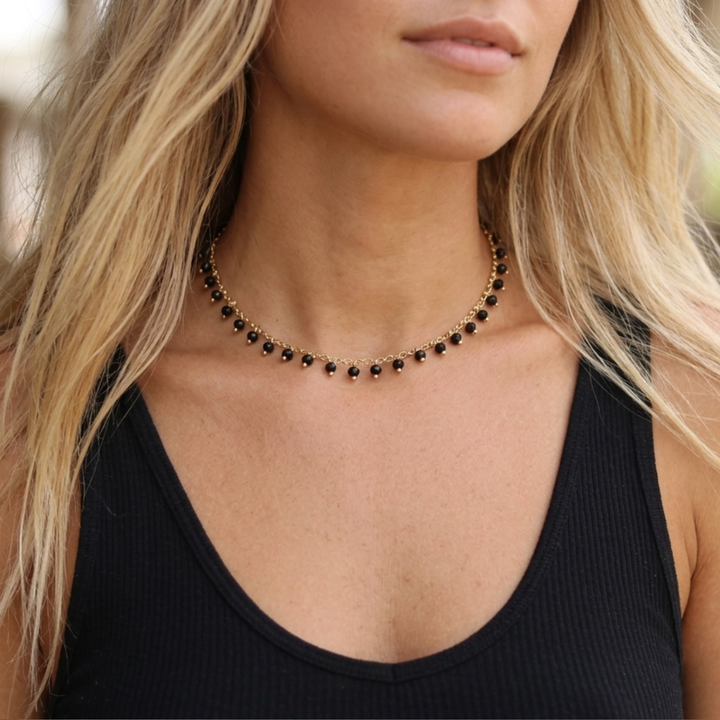 Boho 24k Gold Plated Choker Necklace - Faceted Black Glass Crystal Dangle Chain - 16"