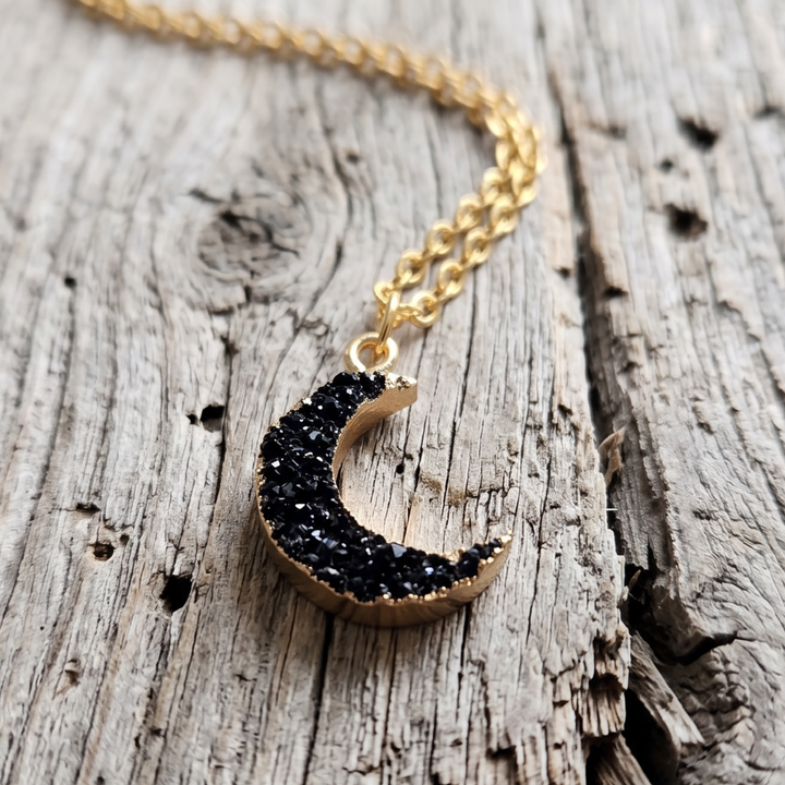 Black Druzy Crescent Moon Necklace, 18K Gold Plated Celestial Pendant, Witchy Boho Jewelry, Adjustable 18-20 Inch Chain