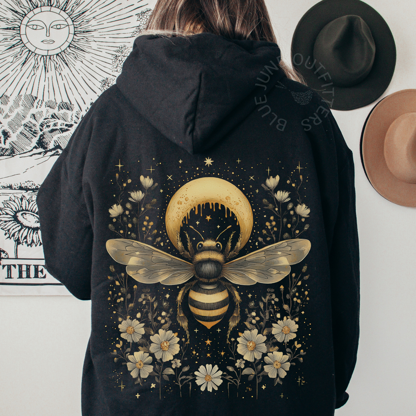 Celestial Bee & Moon Gildan Hoodie – Mystical Witchy Bohemian Pullover