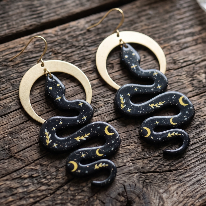Celestial Snake Dangle Earrings | Raw Brass Crescent Moon & Acrylic Drop Earrings