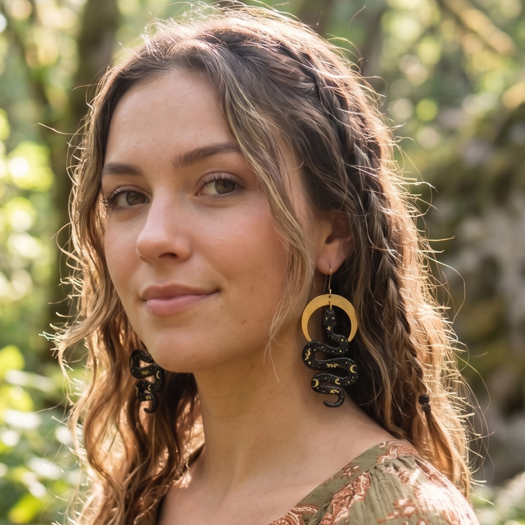 Celestial Snake Dangle Earrings | Raw Brass Crescent Moon & Acrylic Drop Earrings
