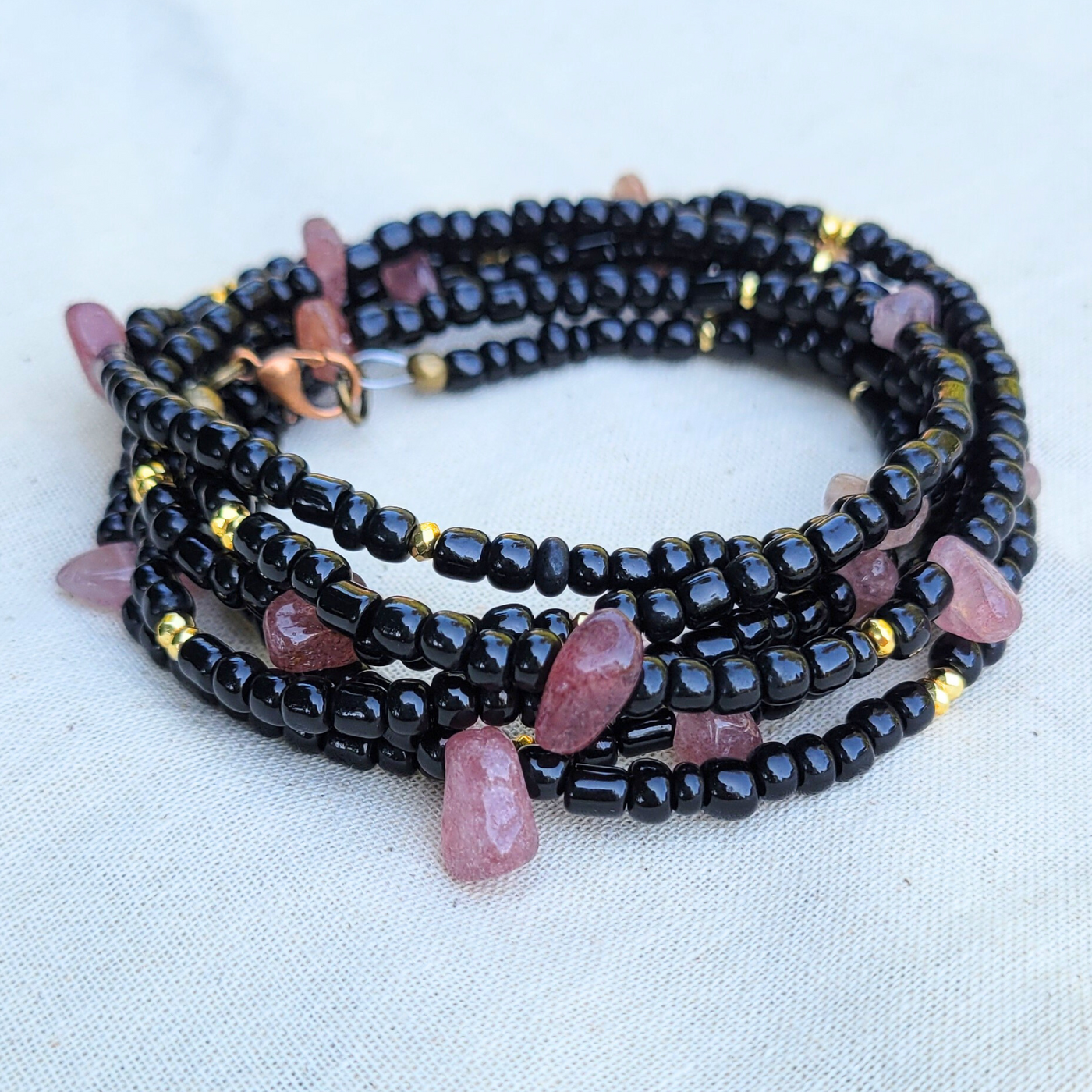 Boho Black Beauty Wrap Bracelet With Strawberry Quartz Stones