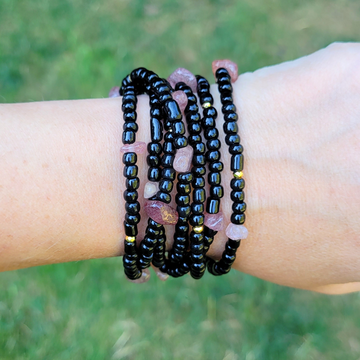 Boho Black Beauty Wrap Bracelet With Strawberry Quartz Stones