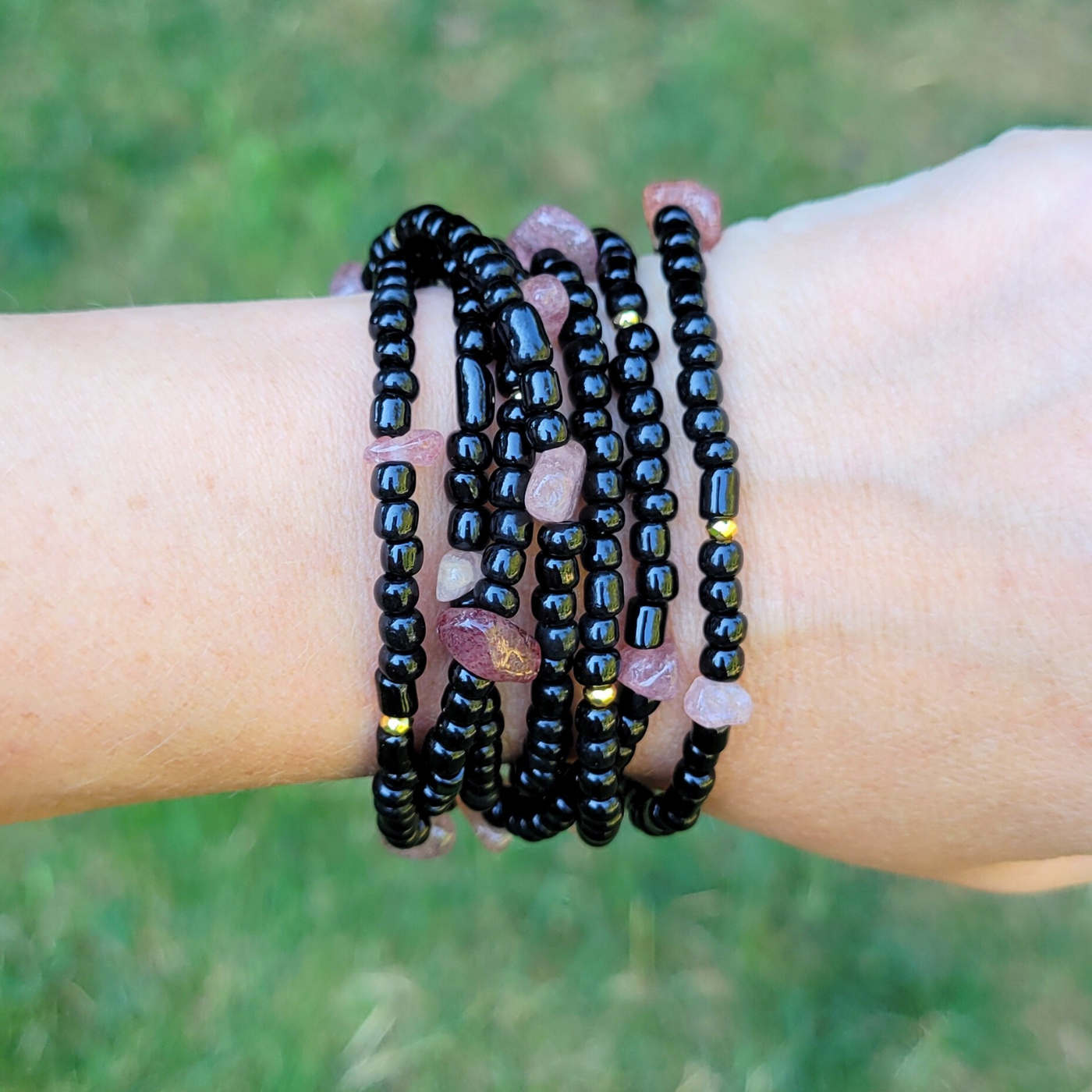Boho Black Beauty Wrap Bracelet With Strawberry Quartz Stones