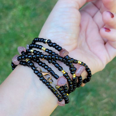 Boho Black Beauty Wrap Bracelet With Strawberry Quartz Stones