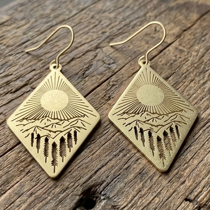 Raw Brass Mountain & Sun Laser-Cut Diamond Drop Earrings - 18k Gold Plated