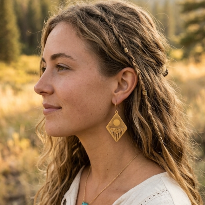 Raw Brass Mountain & Sun Laser-Cut Diamond Drop Earrings - 18k Gold Plated