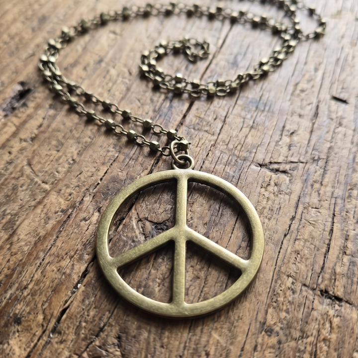 Antique Bronze Peace Sign Necklace - Boho Pendant with 20" Chain