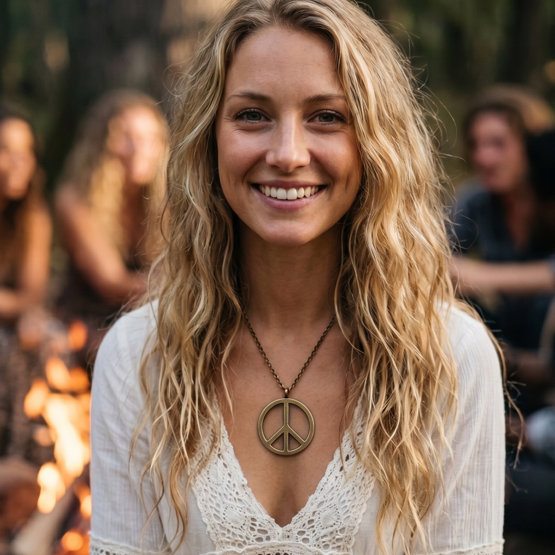 Antique Bronze Peace Sign Necklace - Boho Pendant with 20" Chain
