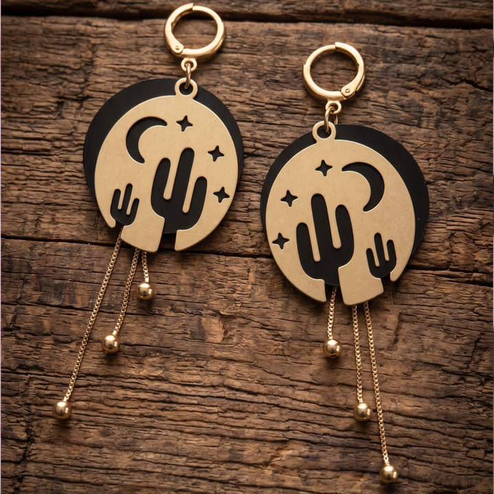 Desert Moon & Saguaro Celestial Dangle Earrings | Huggies Leverback