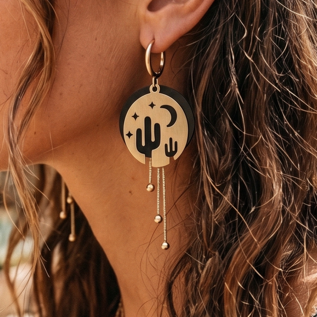 Desert Moon & Saguaro Celestial Dangle Earrings | Huggies Leverback