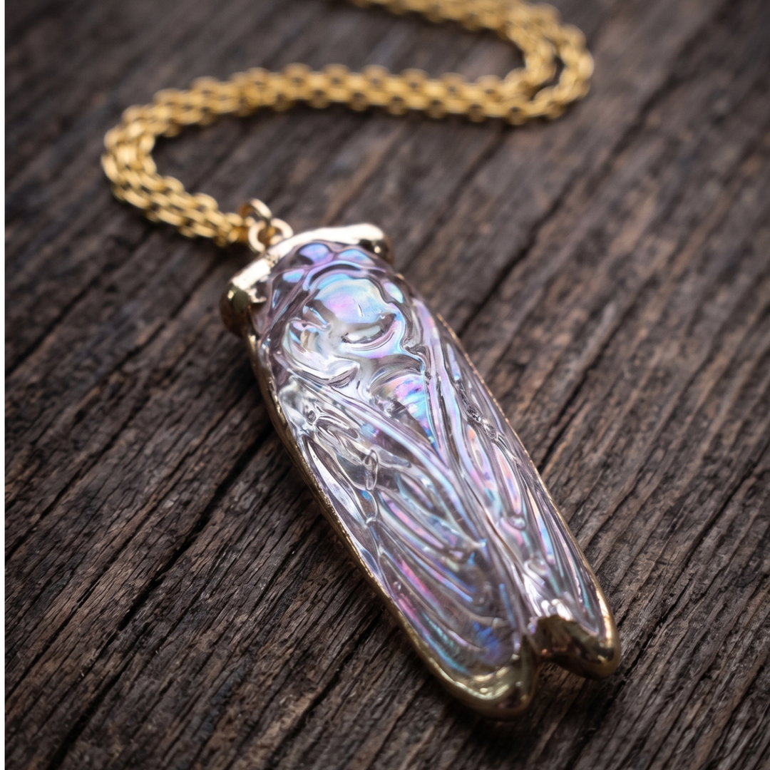 The Golden Dawn Cicada Talisman Necklace – Iridescent Glass Aura Pendant