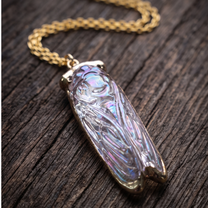 The Golden Dawn Cicada Talisman Necklace – Iridescent Glass Aura Pendant