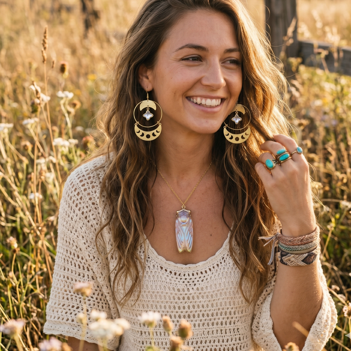The Golden Dawn Cicada Talisman Necklace – Iridescent Glass Aura Pendant