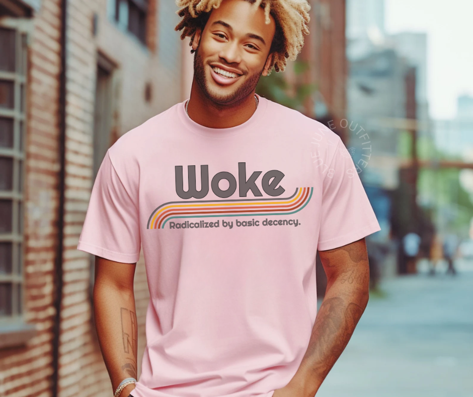 Woke Retro Graphic Tee – “Radicalized by Basic Decency” Shirt