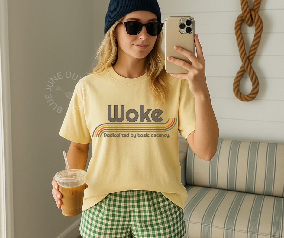 Woke Retro Graphic Tee – “Radicalized by Basic Decency” Shirt