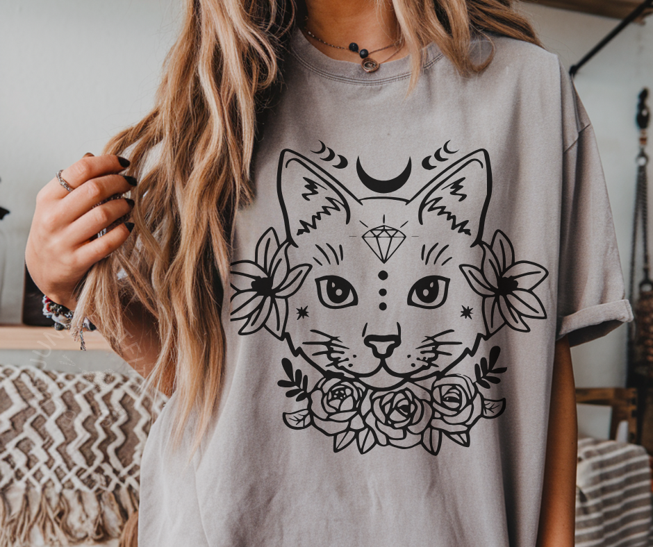 Mystic Cat Graphic Tee | Comfort Colors T-Shirt | Witchy Floral Moon Design