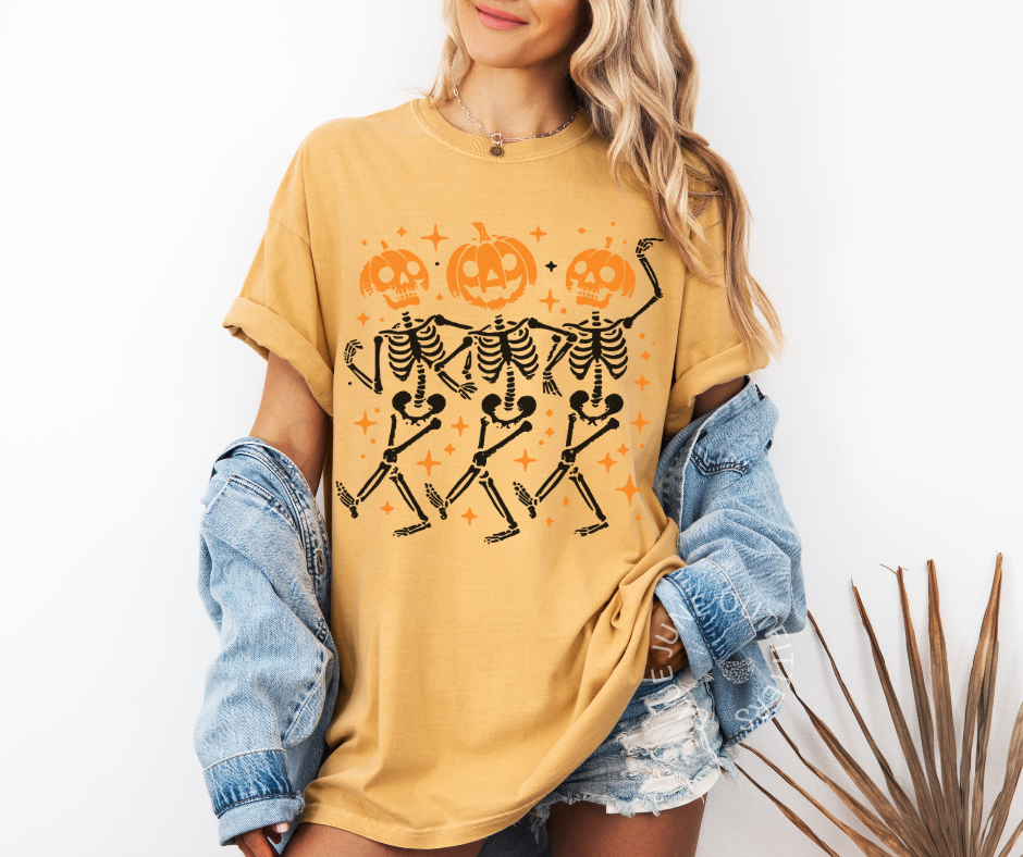 Spooky Dancing Skeleton Pumpkin Heads | Unisex Halloween Tee