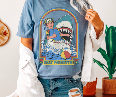 Stay Positive | Funny Retro Shark T-Shirt