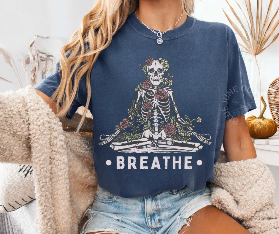 Breathe Meditating Skeleton Botanical T-Shirt