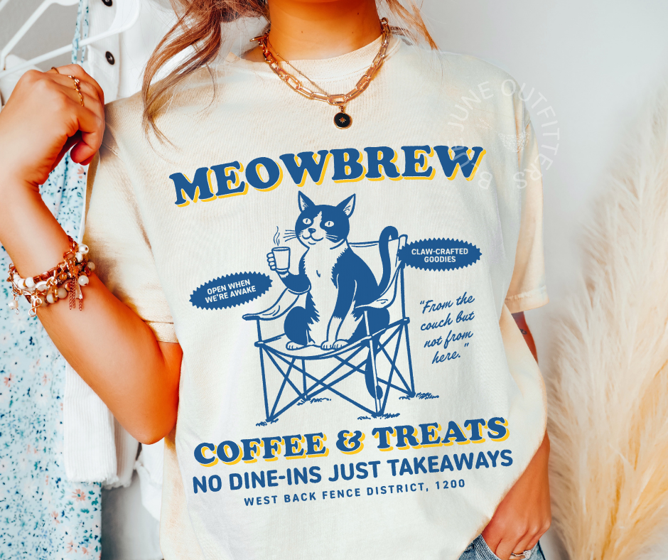 MEOWBREW COFFEE & TREATS | QUIRKY CAT AND COFFEE TEE