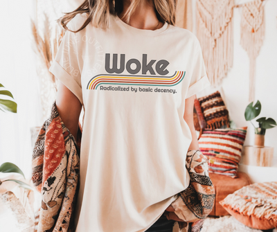 Woke Retro Graphic Tee – “Radicalized by Basic Decency” Shirt