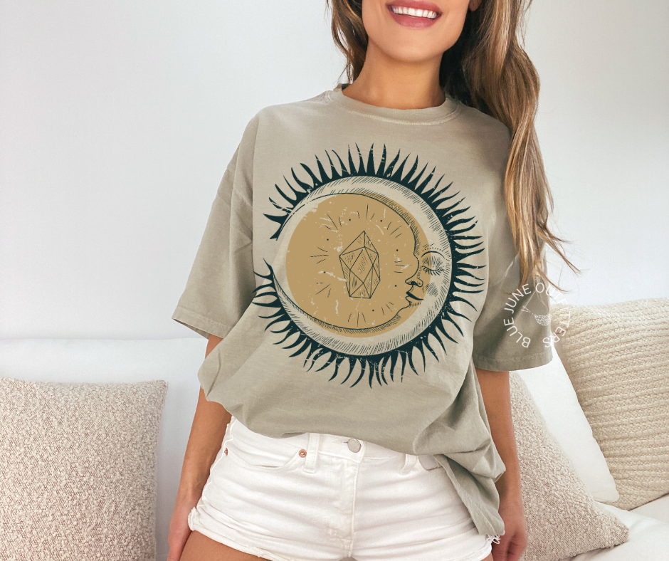 Celestial Sun Moon and Crystals | Comfort Colors® Boho Tee