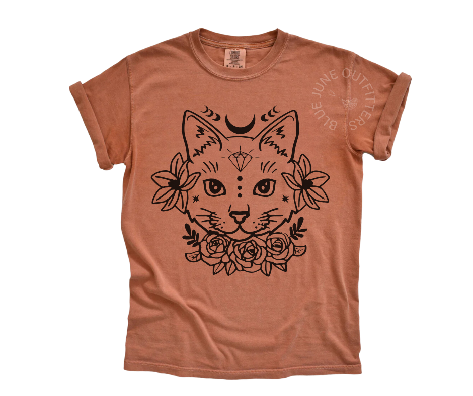Mystic Cat Graphic Tee | Comfort Colors T-Shirt | Witchy Floral Moon Design