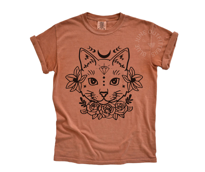 Mystic Cat Graphic Tee | Comfort Colors T-Shirt | Witchy Floral Moon Design