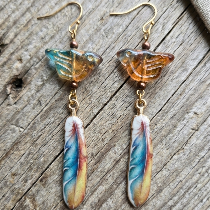 Handcrafted Vintage Czech Glass Bird & Enamel Feather Drop Earrings