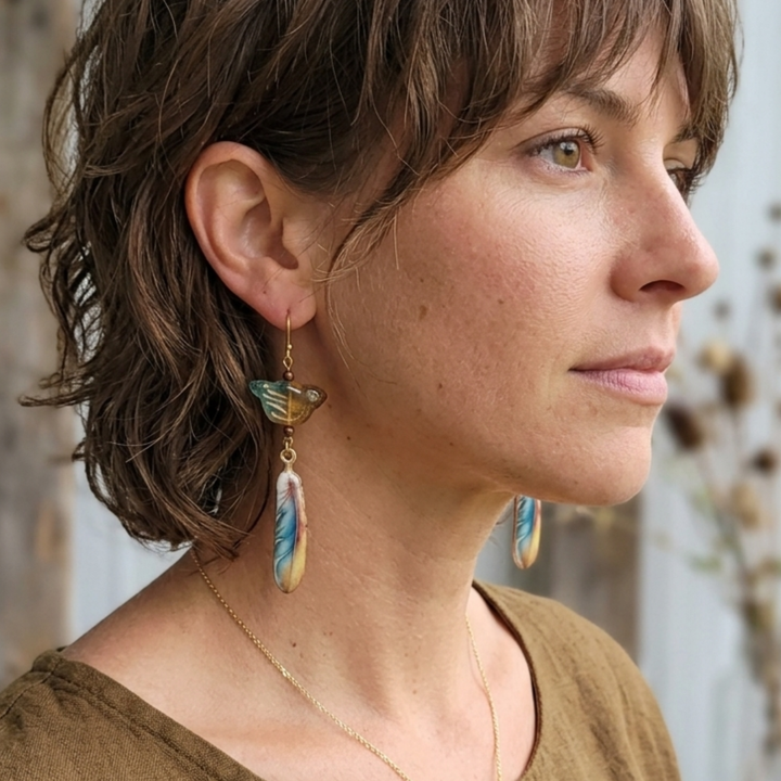 Handcrafted Vintage Czech Glass Bird & Enamel Feather Drop Earrings