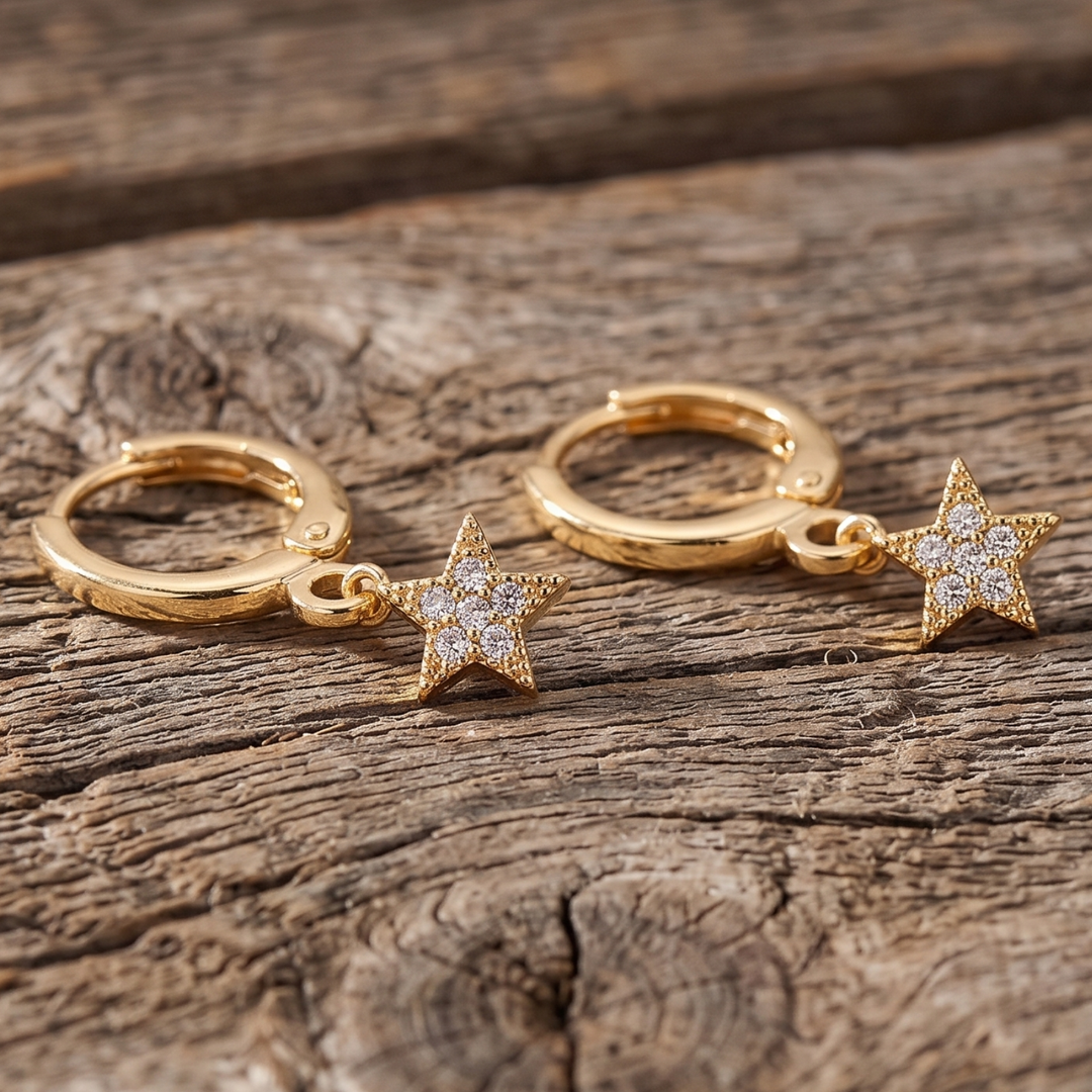 CZ Star Huggie Earrings – 18K Gold Plated Celestial Dangle Hoops