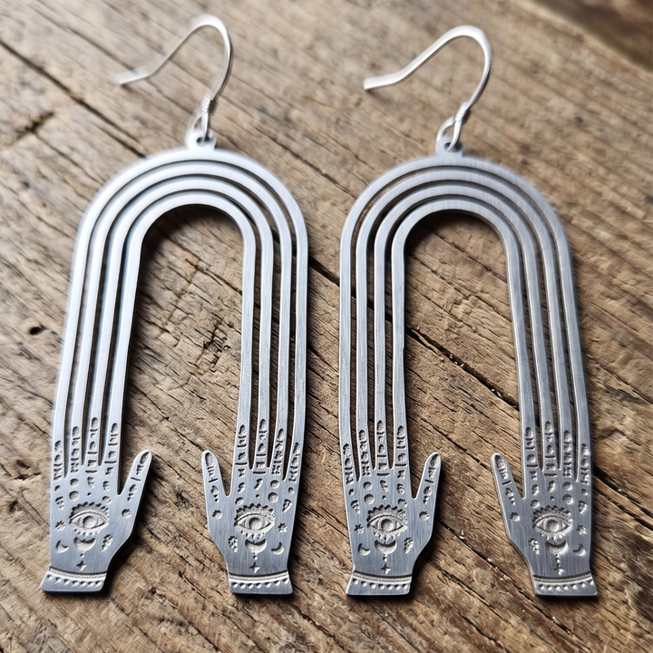 Edgy Boho Stainless Steel Hand & Evil Eye Statement Earrings – Mystic Arch Dangle Earrings