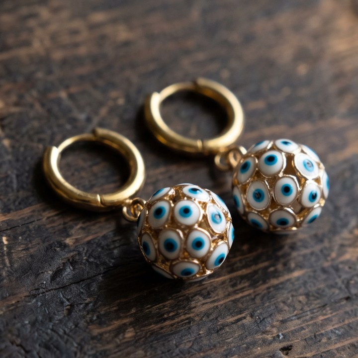 Evil Eye Globe Huggie Earrings | Raw Brass & 18K Gold Plated