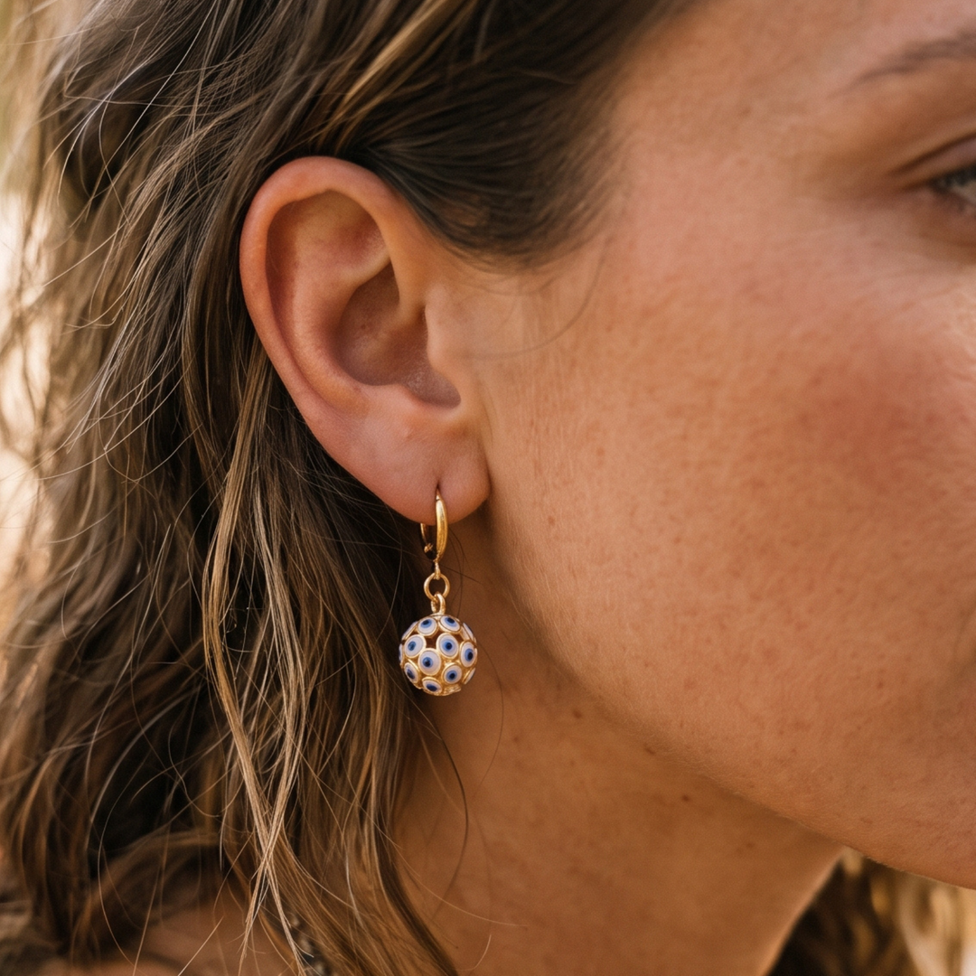 Evil Eye Globe Huggie Earrings | Raw Brass & 18K Gold Plated