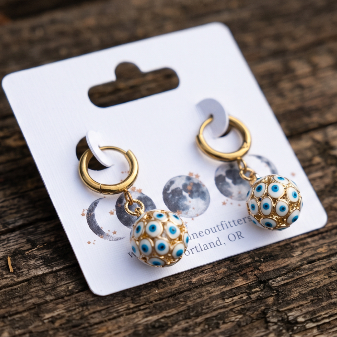 Evil Eye Globe Huggie Earrings | Raw Brass & 18K Gold Plated