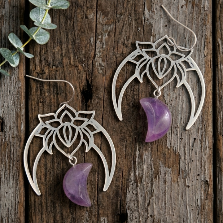Lotus Flower Amethyst Moon Earrings