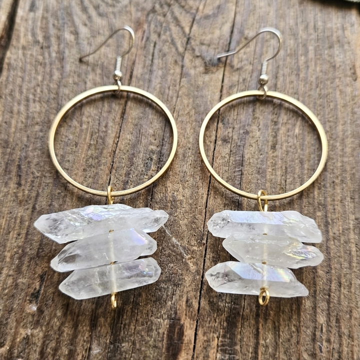 Elevate Your Energy: Organic White Aura Quartz Hoop Earrings