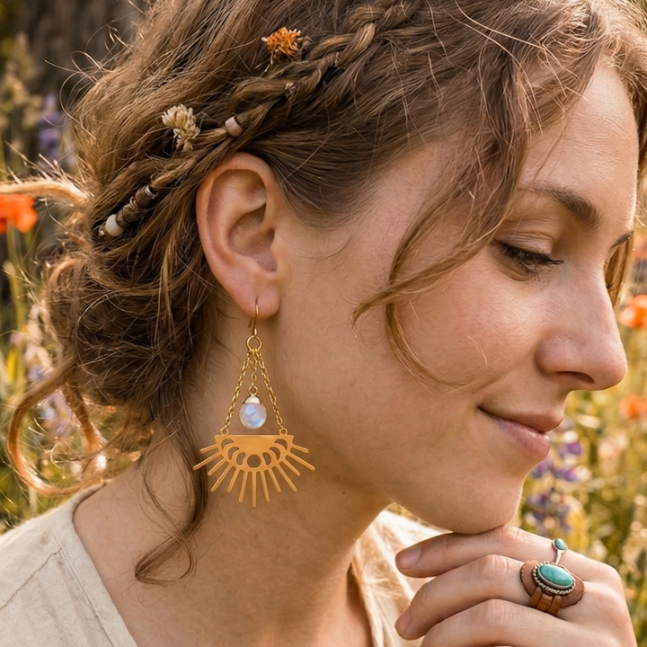 Faceted Opalite & Moon Phase Golden Dangle Earrings