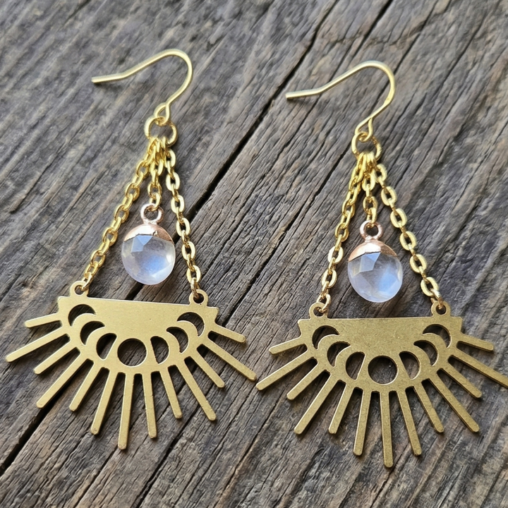 Faceted Opalite & Moon Phase Golden Dangle Earrings