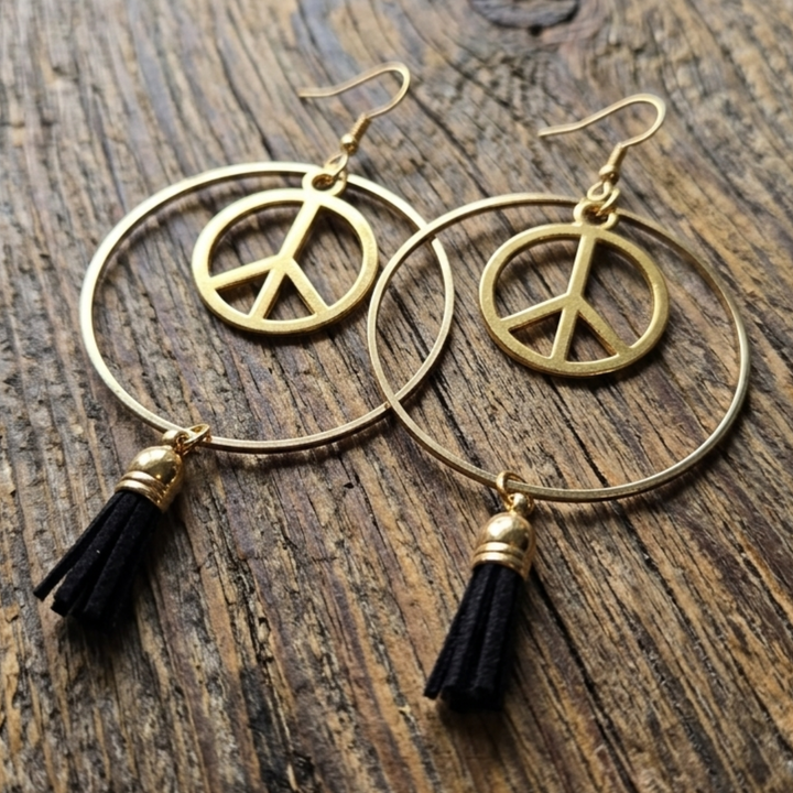 Boho Peace Sign Hoop Earrings with Black Tassels