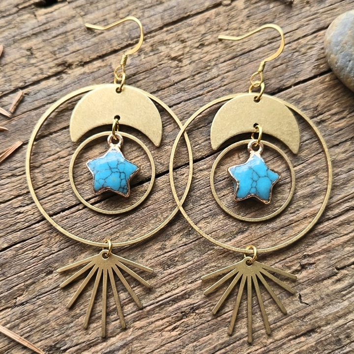 Hand-Designed Celestial Moon & 18k Gold Plated Turquoise Star Earrings | Raw Brass