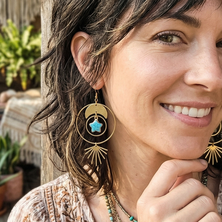 Hand-Designed Celestial Moon & 18k Gold Plated Turquoise Star Earrings | Raw Brass