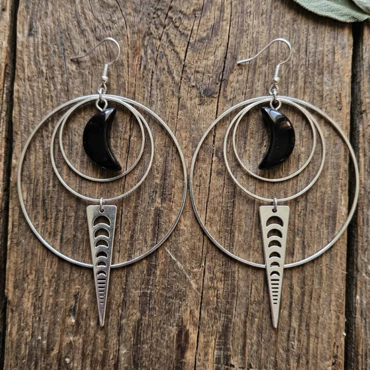 Celestial Moon Phase Hoop Earrings with Black Obsidian