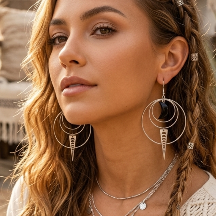 Celestial Moon Phase Hoop Earrings with Black Obsidian