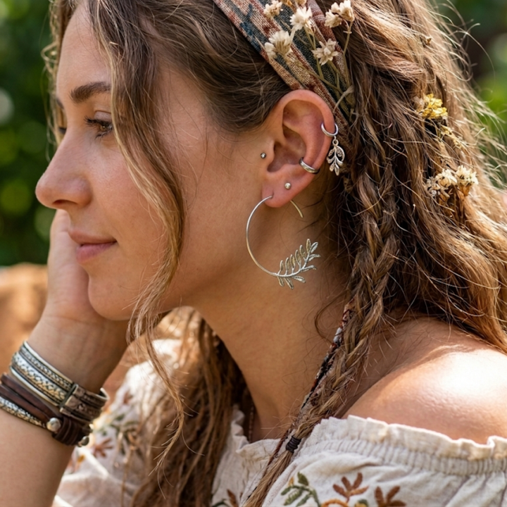 18K White Gold Plated Leaf Branch Open Hoop Earrings | Botanical Celestial Hoop Pair