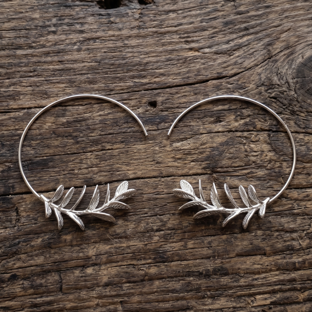 18K White Gold Plated Leaf Branch Open Hoop Earrings | Botanical Celestial Hoop Pair