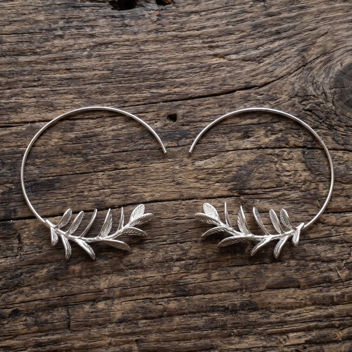 18K White Gold Plated Leaf Branch Open Hoop Earrings | Botanical Celestial Hoop Pair