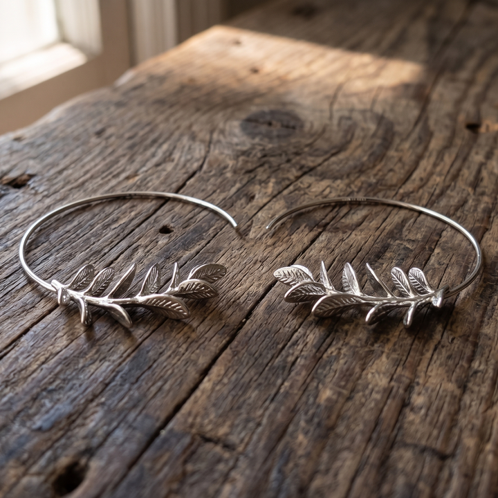 18K White Gold Plated Leaf Branch Open Hoop Earrings | Botanical Celestial Hoop Pair