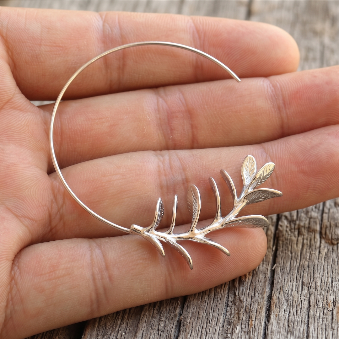 18K White Gold Plated Leaf Branch Open Hoop Earrings | Botanical Celestial Hoop Pair